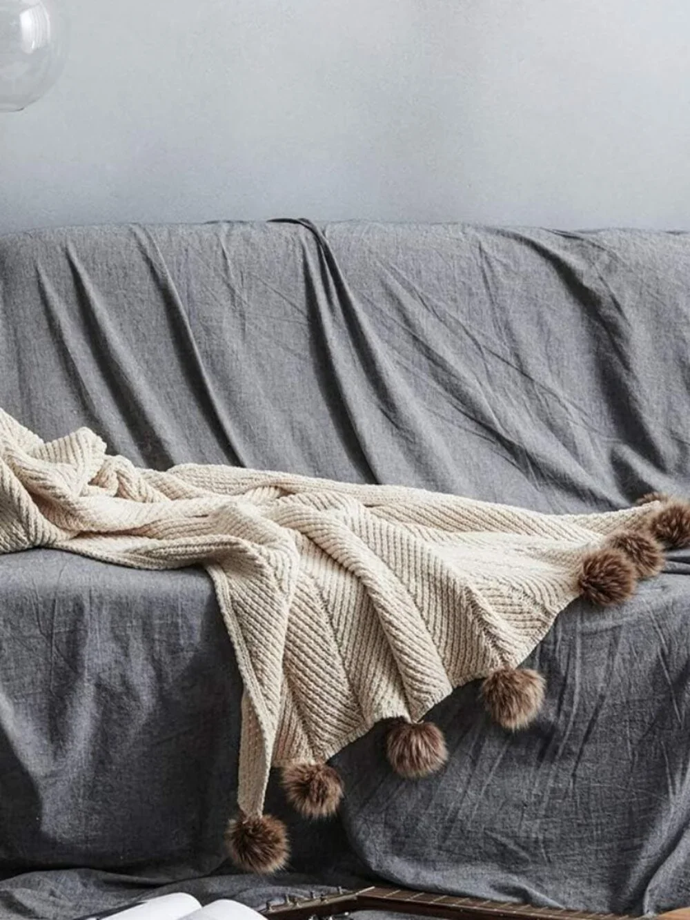 Fur Pom Pom Knit Throw Blanket  51 x 63in